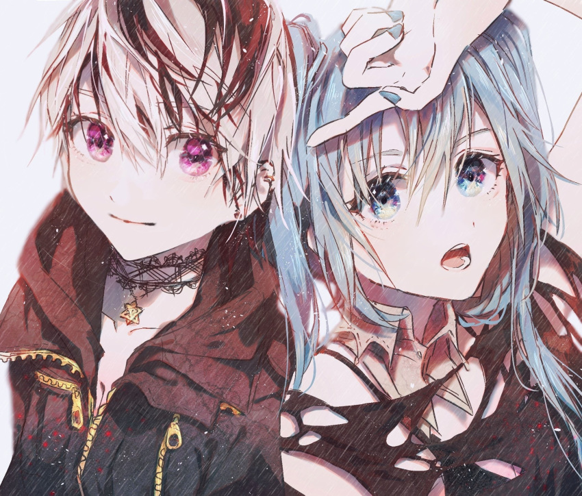 2girls black_jacket black_shirt blue_eyes blue_hair breast_pocket detached_collar earrings expressionless flower_(vocaloid) hand_on_own_head hand_up hatsune_miku hexagram highres jacket jewelry karanagare_4 lace_collar long_hair looking_at_viewer multicolored_hair multiple_girls necklace open_mouth pocket purple_hair shirt side-by-side smile streaked_hair torn_clothes twintails upper_body v_flower_(vocaloid4) violet_eyes vocaloid white_hair zipper