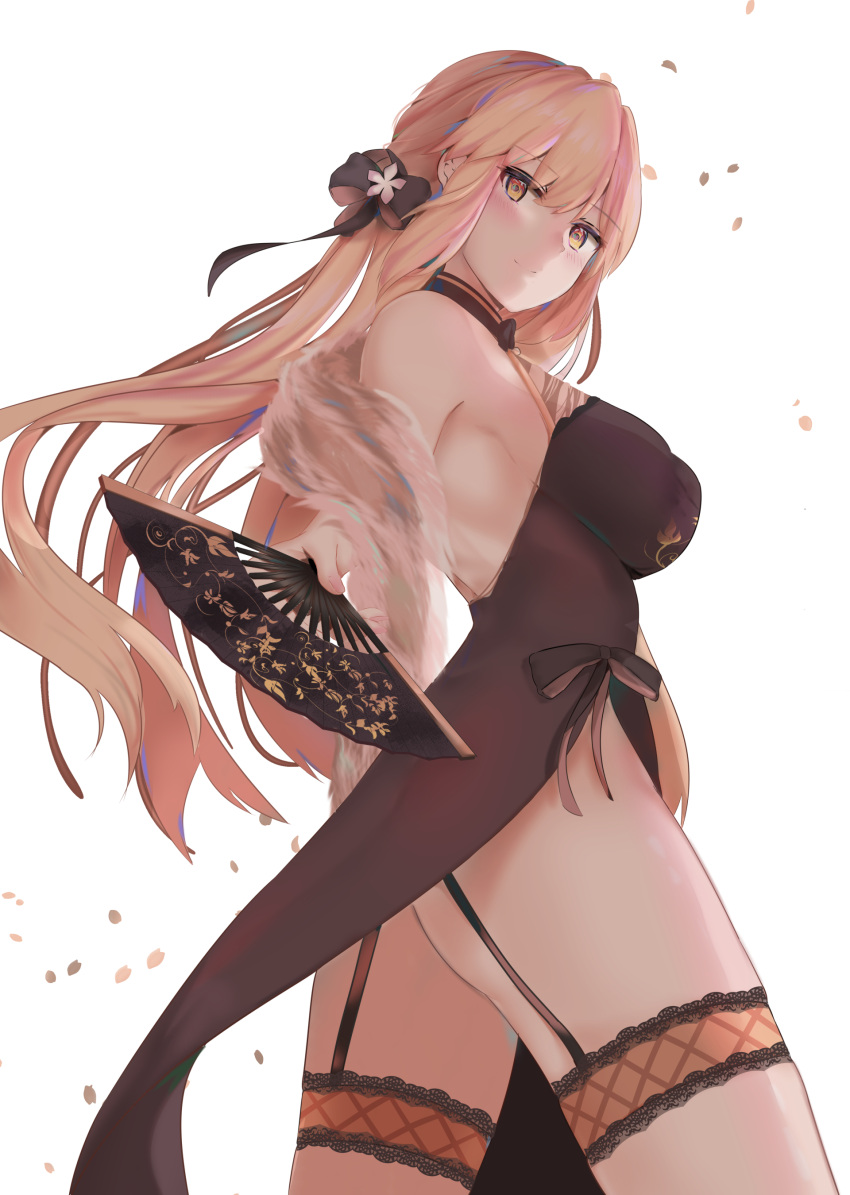 1girl absurdres alternate_costume ass bangs bare_shoulders blonde_hair blush breasts china_dress chinese_clothes closed_mouth dress eyebrows_visible_through_hair floating_hair garter_straps girls_frontline gloves highres holding large_breasts leg_garter long_hair looking_at_viewer ots-14_(girls_frontline) ru_zhai simple_background solo very_long_hair white_background yellow_eyes