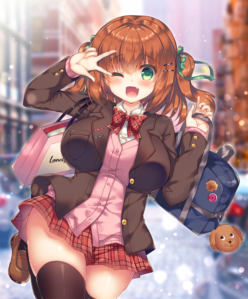 1girl ;d aoki_kaede arm_up bag bag_charm bangs black_legwear blazer blurry blurry_background blush bow bowtie breasts brown_footwear brown_hair brown_jacket building cardigan charm_(object) collared_shirt commentary_request day depth_of_field dress_shirt eyebrows_visible_through_hair fang fingernails green_eyes green_ribbon hair_between_eyes hair_ribbon highres holding holding_bag jacket large_breasts loafers long_sleeves one_eye_closed open_blazer open_clothes open_jacket open_mouth original outdoors paper_bag pink_cardigan plaid plaid_neckwear plaid_skirt pleated_skirt red_neckwear red_skirt ribbon school_bag shirt shoes shopping_bag skirt sleeves_past_wrists smile solo standing standing_on_one_leg suzunone_rena thigh-highs two_side_up v_over_eye white_shirt