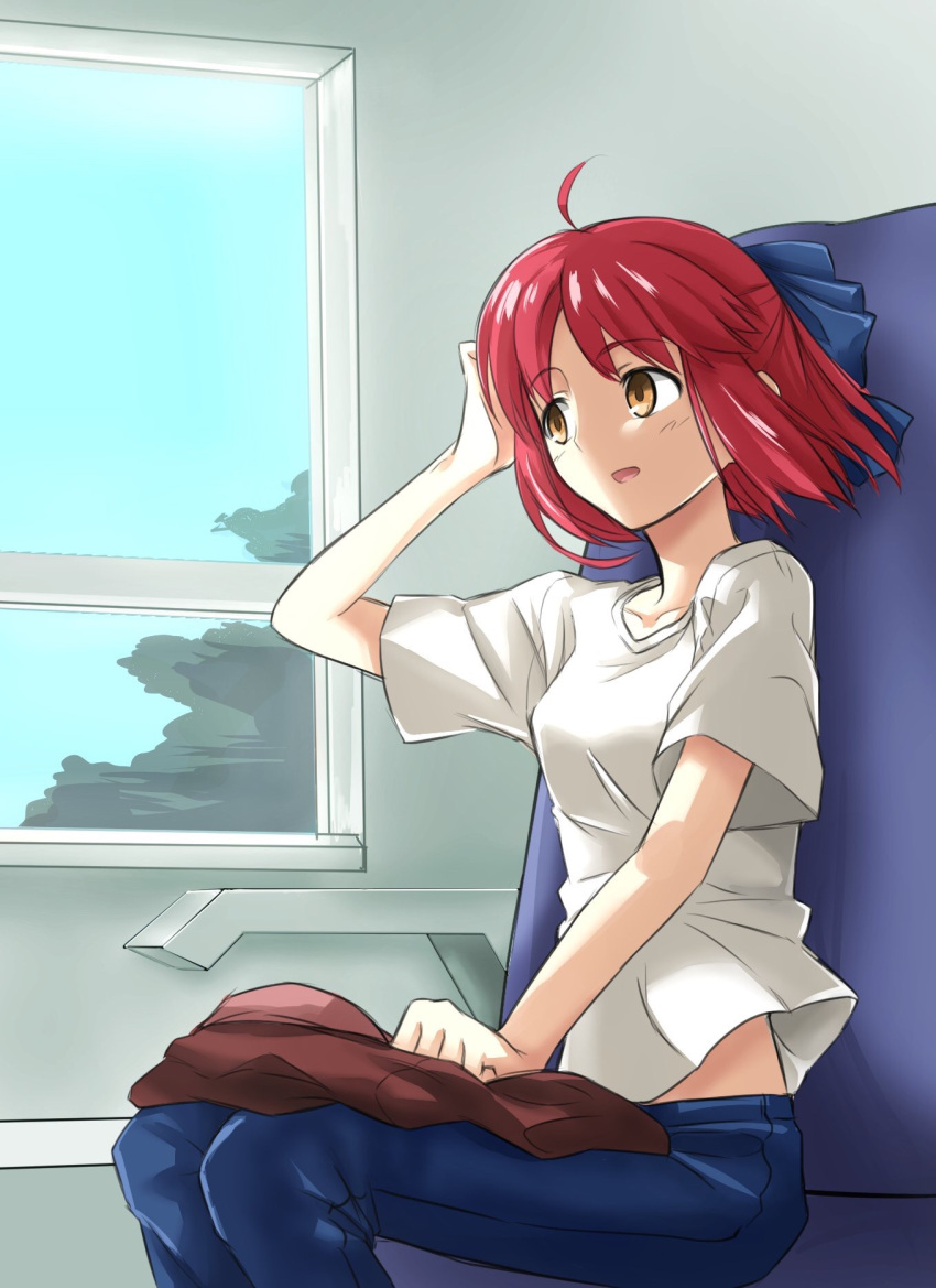 1girl ahoge arm_up armrest blue_ribbon blue_sky chair chiizu_ore collarbone denim ground_vehicle hair_ribbon hand_in_hair highres jacket jacket_removed jeans kohaku looking_out_window open_mouth open_window pants redhead ribbon shirt sitting sky solo t-shirt train train_interior tree tsukihime white_shirt window yellow_eyes