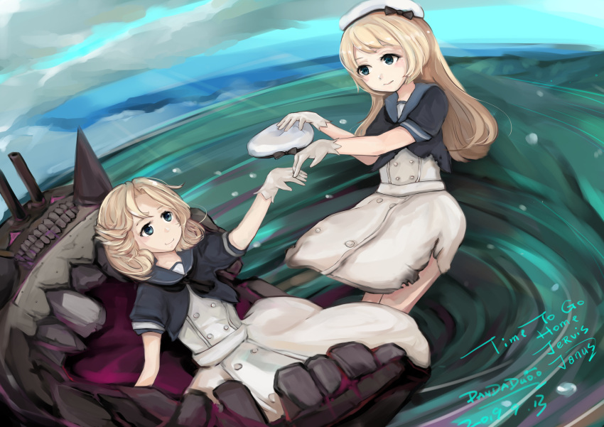 1other 2girls artist_name black_neckwear black_shirt blonde_hair blue_eyes blue_sailor_collar commentary dated dress english_commentary english_text gloves hat hat_removed headwear_removed highres holding holding_hands holding_hat janus_(kantai_collection) jervis_(kantai_collection) kantai_collection long_hair multiple_girls pandaduo sailor_collar sailor_dress sailor_hat shirt short_hair short_sleeves water white_dress white_gloves white_headwear