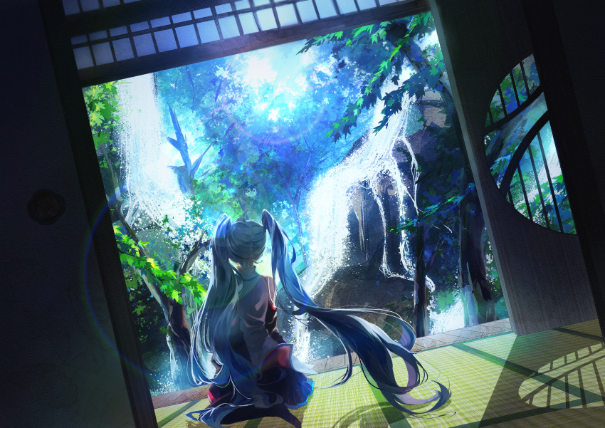 1girl absurdres ahoge aqua_hair architecture bare_shoulders black_legwear black_skirt black_sleeves commentary day detached_sleeves east_asian_architecture from_behind grey_shirt hatsune_miku highres huge_filesize indoors karanagare_4 leaf lens_flare long_hair outdoors rock scenery shadow shirt sitting skirt sleeveless sleeveless_shirt sliding_doors solo tatami thigh-highs tree twintails very_long_hair vocaloid wariza water waterfall wide_shot