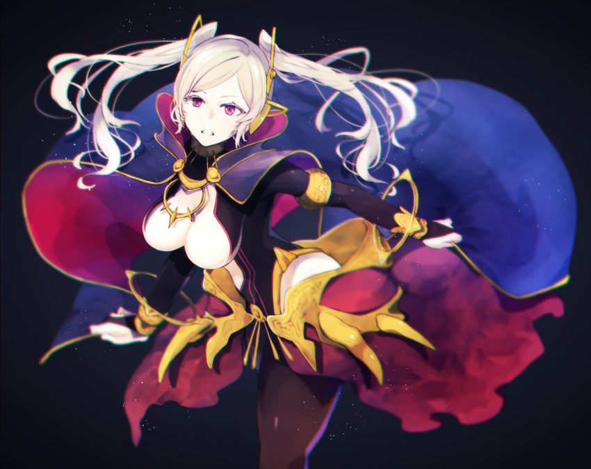 1girl black_background black_legwear breasts bridal_gauntlets female_my_unit_(fire_emblem:_kakusei) fire_emblem fire_emblem:_kakusei fire_emblem_awakening fire_emblem_cipher gimurei grima_(fire_emblem) hair_ornament intelligent_systems large_breasts mogemogehakumai my_unit_(fire_emblem:_kakusei) nintendo parted_lips red_eyes reflet robin_(fire_emblem) robin_(fire_emblem)_(female) simple_background solo twintails underboob white_hair