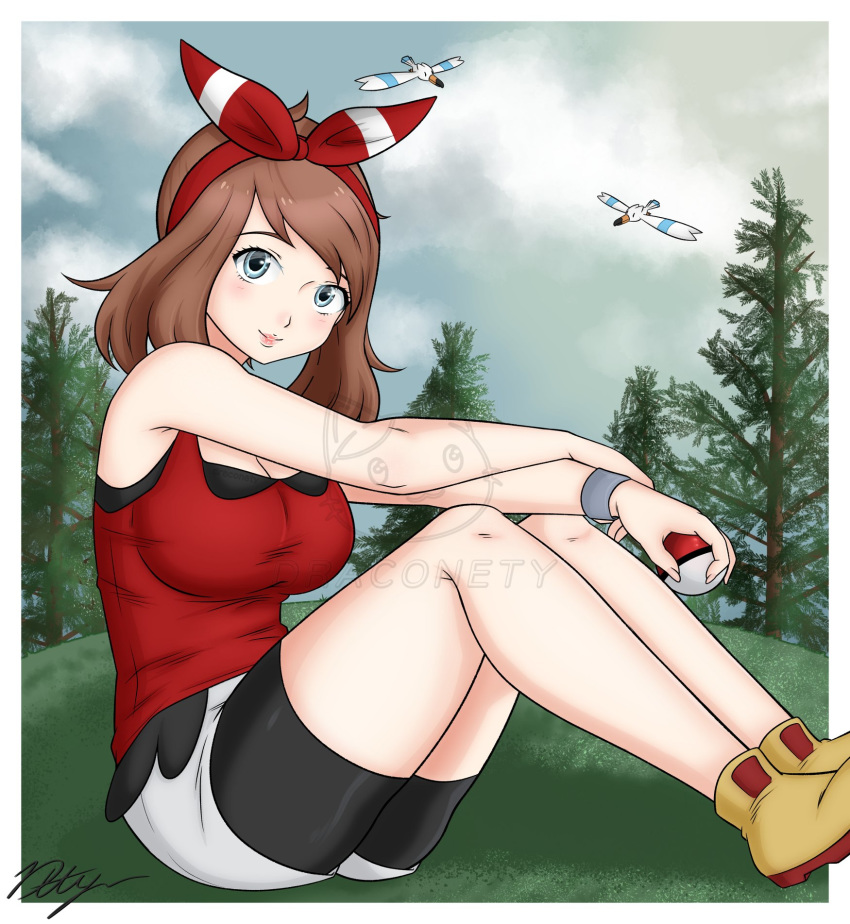 1girl ass bandana bangs bare_legs bare_shoulders bare_thighs blue_eyes blue_sky blush bracelet breasts brown_hair clouds draconety grass hairband haruka_(pokemon) highres huge_breasts jewelry large_breasts legs lips looking_at_viewer medium_hair nintendo nose nose_blush pine_tree poke_ball pokemon pokemon_(anime) pokemon_(creature) pokemon_(game) pokemon_oras pokemon_rse shoes sitting sky smile sneakers solo thick_thighs thighs tree watermark wingull