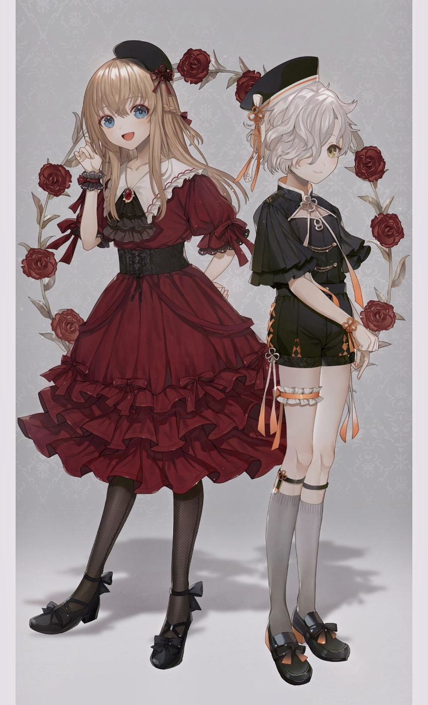 2boys :d abandon_ranka black_legwear blonde_hair blue_eyes bow braid cravat dress flower frilled_dress frilled_sleeves frills garters gokotai grey_background grey_legwear hair_bow hair_over_one_eye hat high_heels highres kneehighs male_focus midare_toushirou multiple_boys open_mouth otoko_no_ko red_dress red_flower red_rose rose shorts single_garter smile sock_garters touken_ranbu white_hair yellow_eyes yellow_nails