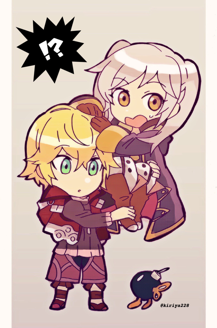 1boy 1girl 1other blonde_hair blue_eyes blush bob-omb bomb cape carrying chibi female_my_unit_(fire_emblem:_kakusei) fire_emblem fire_emblem:_kakusei fire_emblem_awakening gloves green_eyes highres intelligent_systems kiriya_(552260) long_hair super_mario_bros. monolith_soft my_unit_(fire_emblem:_kakusei) nintendo open_mouth reflet robe robin_(fire_emblem) robin_(fire_emblem)_(female) scared short_hair shulk simple_background smile sora_(company) super_mario_bros. super_smash_bros. super_smash_bros_for_wii_u_and_3ds twintails white_background white_hair xenoblade_(series) xenoblade_1 xenoblade_chronicles yellow_eyes