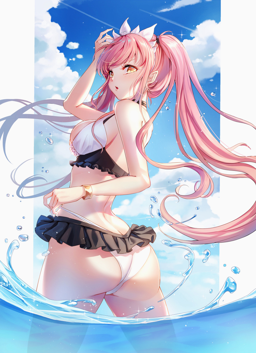 1girl absurdres ass bangs bare_shoulders bikini blue_sky blush breasts clouds day fate/grand_order fate_(series) floating_hair from_behind highres lalazyt long_hair looking_at_viewer looking_back medb_(fate)_(all) medb_(swimsuit_saber)_(fate) medium_breasts open_mouth outdoors pink_hair revision sky solo swimsuit tiara twintails very_long_hair wading white_bikini yellow_eyes