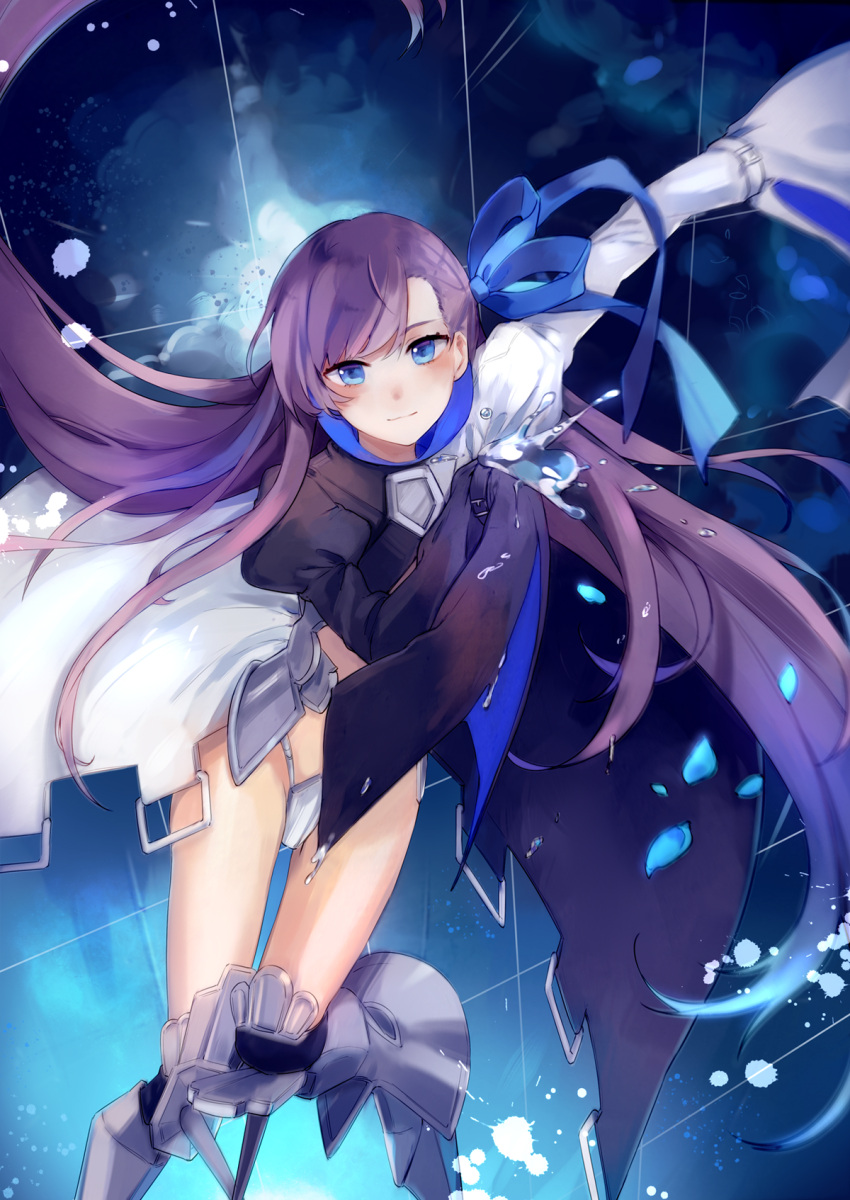 1girl armor armored_boots bangs blue_eyes blue_ribbon boots commentary_request crotch_plate fate/grand_order fate_(series) hair_ribbon highres long_hair long_sleeves looking_at_viewer meltryllis puffy_sleeves purple_hair ribbon sleeves_past_wrists smile solo very_long_hair yorktown_cv-5