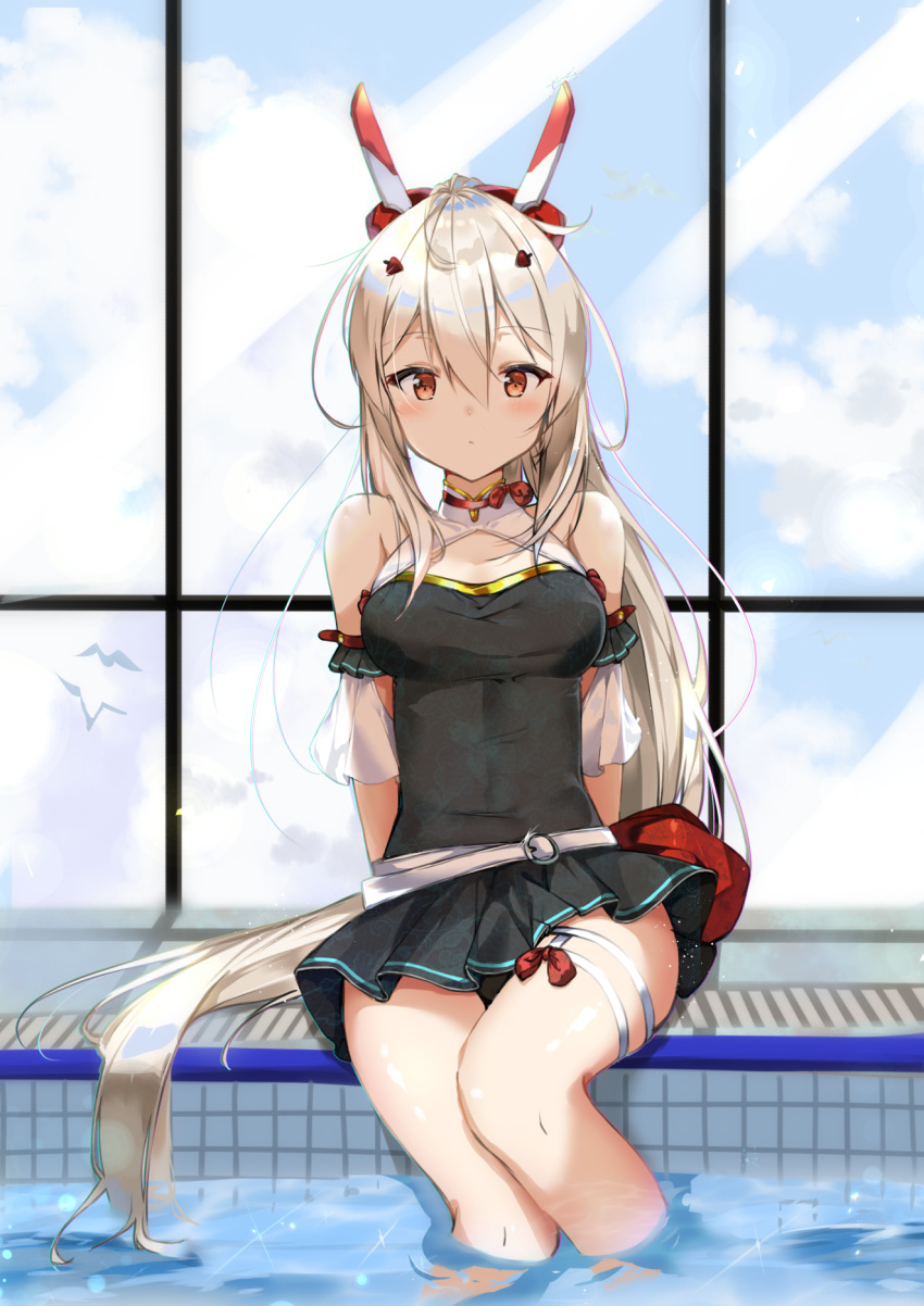 1girl alternate_costume ayanami_(azur_lane) azur_lane bangs bare_shoulders bird black_swimsuit breasts closed_mouth clouds cloudy_sky commentary_request day frilled_swimsuit frills g_uhrabbit hair_between_eyes highres indoors long_hair long_ponytail looking_at_viewer medium_breasts one-piece_swimsuit platinum_blonde_hair ponytail pool poolside red_eyes sidelocks sitting sky solo swimsuit thigh_gap thigh_strap very_long_hair water