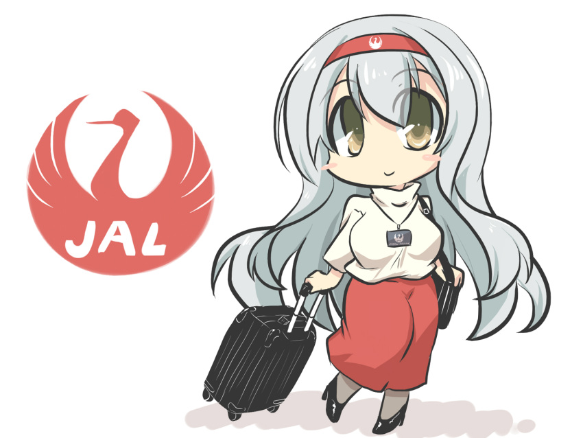 1girl bag bird blush_stickers brown_eyes chibi commentary_request crane_(animal) eyebrows_visible_through_hair goma_(gomasamune) grey_hair hair_between_eyes hairband highres japan_airlines kantai_collection lanyard logo long_hair long_sleeves looking_at_viewer pantyhose rolling_suitcase shadow shoes shoukaku_(kantai_collection) shoulder_bag skirt smile solo standing stewardess suitcase sweater white_background