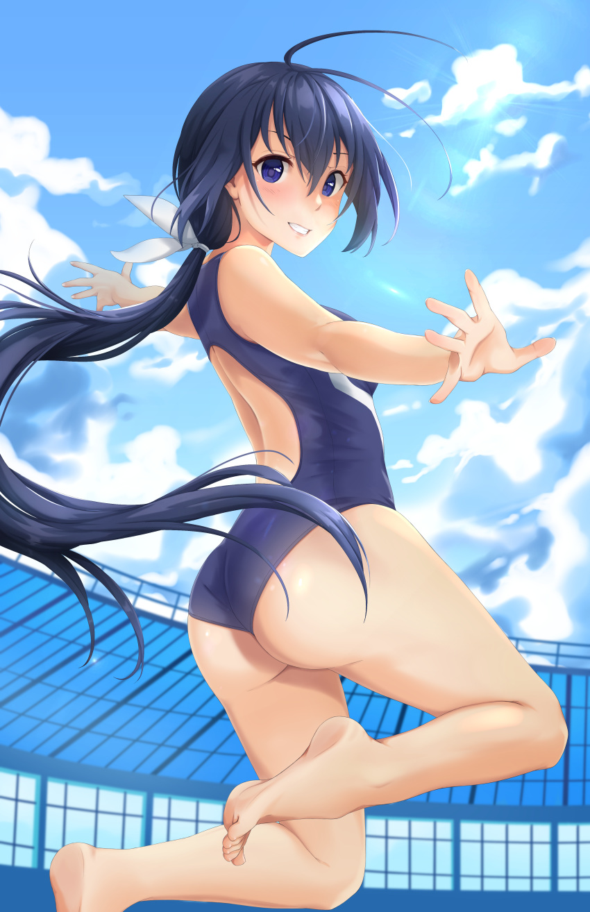 1girl absurdres antenna_hair ass barefoot black_eyes black_hair black_swimsuit blue_sky clouds commentary competition_swimsuit cowboy_shot dark_blue_eyes english_commentary from_behind grin highres jumping kaminashi_nozomi keijo!!!!!!!! lips long_hair low_ponytail one-piece_swimsuit outstretched_arms sky smile solo stadium swimsuit tiri