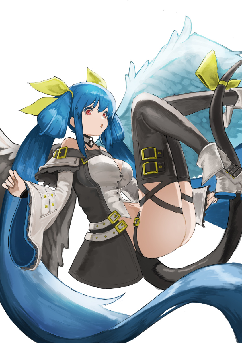 1girl angel_wings ass black_legwear blue_hair bow breasts buckle dizzy flasso green_bow guilty_gear highres large_breasts long_hair parted_lips red_eyes simple_background solo tail twintails white_background white_footwear wings