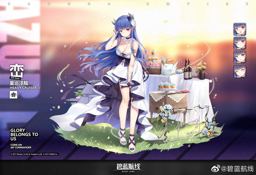 1girl alternate_costume armlet azur_lane bangs blue_eyes blue_hair blush breasts cake character_name choker dress expressions eyebrows_visible_through_hair feathers floating_hair food full_body gold hair_feathers hair_tucking heterochromia high_heels highres horns ibuki_(azur_lane) lace lace_choker large_breasts leaning_forward long_hair looking_at_viewer maya_g official_art red_eyes sapphire_(gemstone) sideboob sidelocks solo strapless strapless_dress table watermark white_dress wind wrist_wrap
