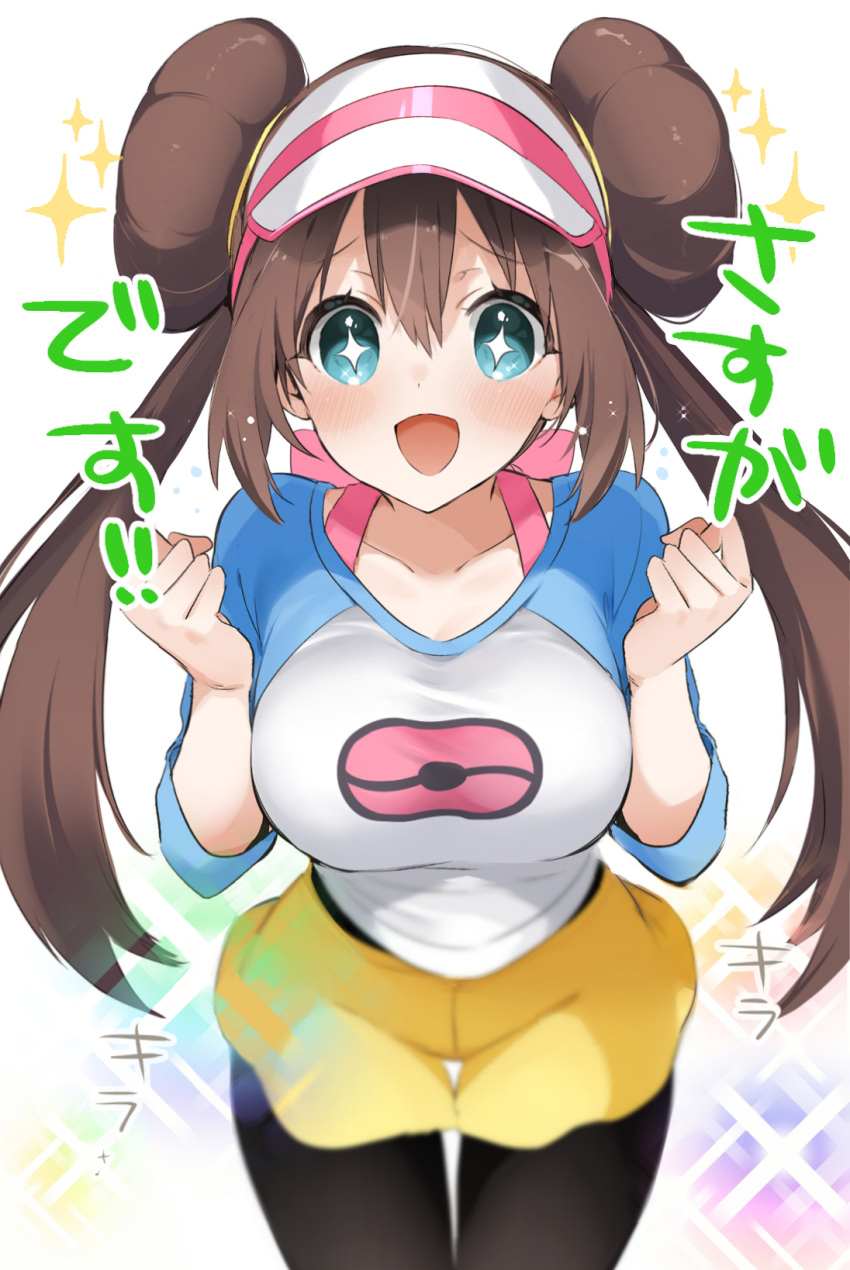 +_+ 1girl bangs black_legwear blue_eyes blush bow breasts brown_hair commentary_request double_bun highres large_breasts legwear_under_shorts long_hair looking_at_viewer mei_(pokemon) pantyhose pink_bow pokemon pokemon_(game) pokemon_bw2 pokemon_masters pokemon_trainer raglan_sleeves shoes short_shorts shorts sino_(sionori) smile sneakers solo star star-shaped_pupils symbol-shaped_pupils translated twintails very_long_hair visor_cap yellow_shorts