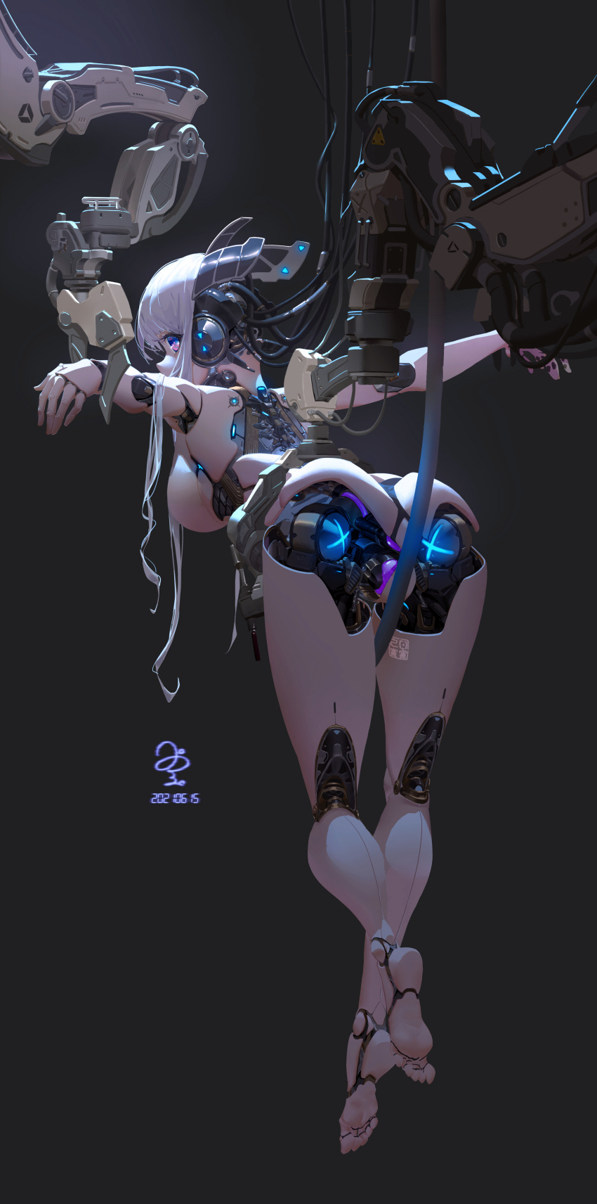 1girl absurdres android blue_eyes breasts cable dark_background dated hanging highres joints large_breasts long_hair mechanical_legs mechanical_parts mechanical_spine multicolored_eyes original pink_eyes ribao robot_joints science_fiction signature solo white_hair