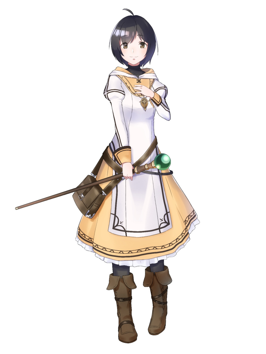 1girl ahoge bag belt black_hair boots brown_eyes dress fire_emblem fire_emblem:_radiant_dawn full_body highres jewelry laura_(fire_emblem) necklace pocklepockle25 solo staff thigh-highs white_background