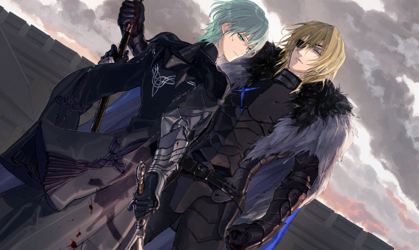 1boy 2boys aqua_eyes arm_at_side armor bad_shadow belt black_cape black_gloves blonde_hair blue_cape blue_eyes byleth_(fire_emblem) byleth_eisner_(male) cape clenched_hand clouds dimitri_alexandre_bladud dutch_angle eyepatch fire_emblem fire_emblem:_three_houses fur_trim gloves grey_eyes highres holding holding_spear holding_sword holding_weapon long_hair looking_at_another male_focus marukin multiple_boys outdoors polearm shadow spear standing sword weapon
