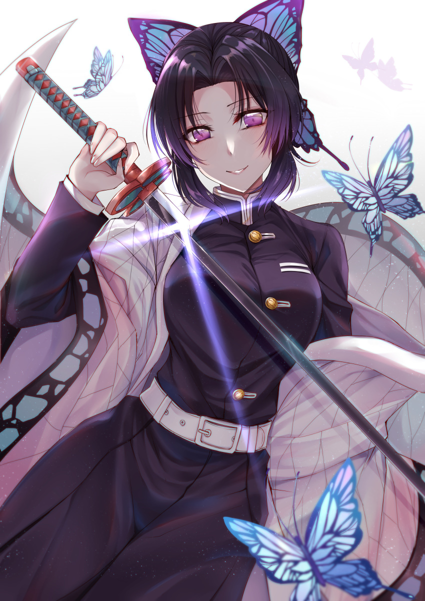 1girl absurdres bangs black_hair breasts bug butterfly butterfly_hair_ornament commentary_request eyebrows_visible_through_hair grin gu_li hair_ornament haori highres insect japanese_clothes katana kimetsu_no_yaiba kochou_shinobu large_breasts long_sleeves looking_at_viewer parted_bangs purple_hair short_hair smile solo sword violet_eyes weapon