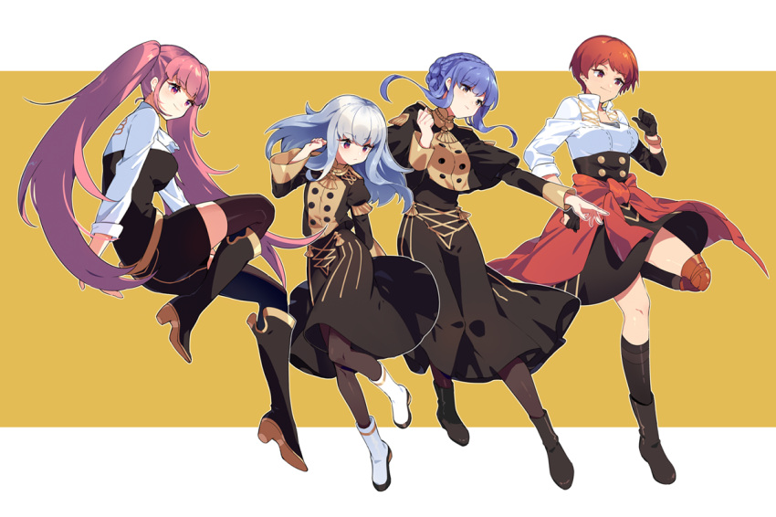 4girls blue_hair boots clothes_around_waist dress fire_emblem fire_emblem:_three_houses garreg_mach_monastery_uniform hilda_valentine_goneril leonie_pinelli long_hair lysithea_von_ordelia marianne_von_edmund multiple_girls orange_hair pantyhose pink_hair sharlorc short_hair silver_hair single_knee_pad thigh-highs twintails