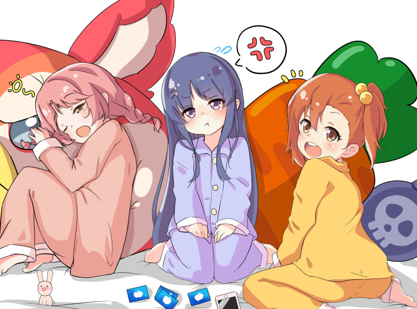 3girls :d :t akane_mimi anger_vein aono_(f_i_s) bangs barefoot bed_sheet blush braid brown_eyes brown_hair carrot_pillow cellphone closed_mouth collared_shirt commentary_request dress_shirt eyebrows_visible_through_hair flying_sweatdrops hair_between_eyes hair_bobbles hair_down hair_ornament hairclip head_tilt highres hikawa_kyoka hodaka_misogi long_sleeves multiple_girls nose_blush one_eye_closed one_side_up open_mouth pants parted_bangs phone pink_hair pink_pants pink_shirt pout princess_connect! princess_connect!_re:dive purple_hair purple_pants purple_shirt round_teeth shirt simple_background skull_print sleeves_past_wrists smile soles spoken_anger_vein teeth twin_braids upper_teeth violet_eyes white_background yellow_pants yellow_shirt