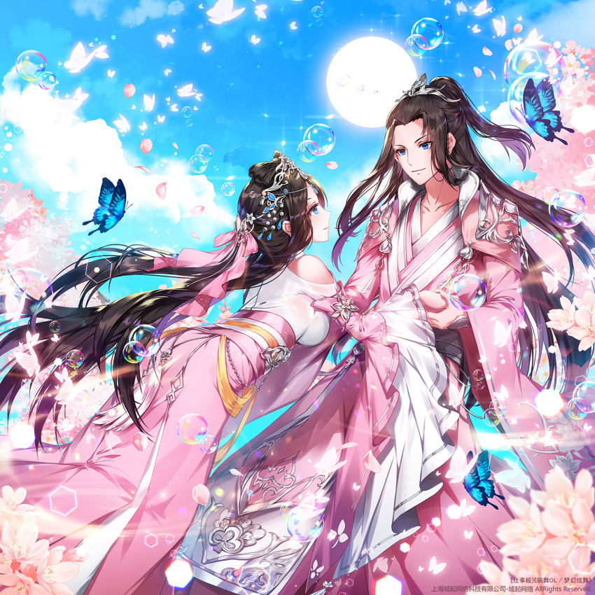 1boy 1girl apple_caramel black_hair blue_butterfly blue_eyes blue_sky bow breasts bubble cherry_blossoms clouds day glint hair_ornament hetero highres holding_hands leaning_forward long_hair long_sleeves medium_breasts official_art pink_bow pink_butterfly ponytail sidelocks sky smile standing sun tanabata very_long_hair watermark white_butterfly wide_sleeves