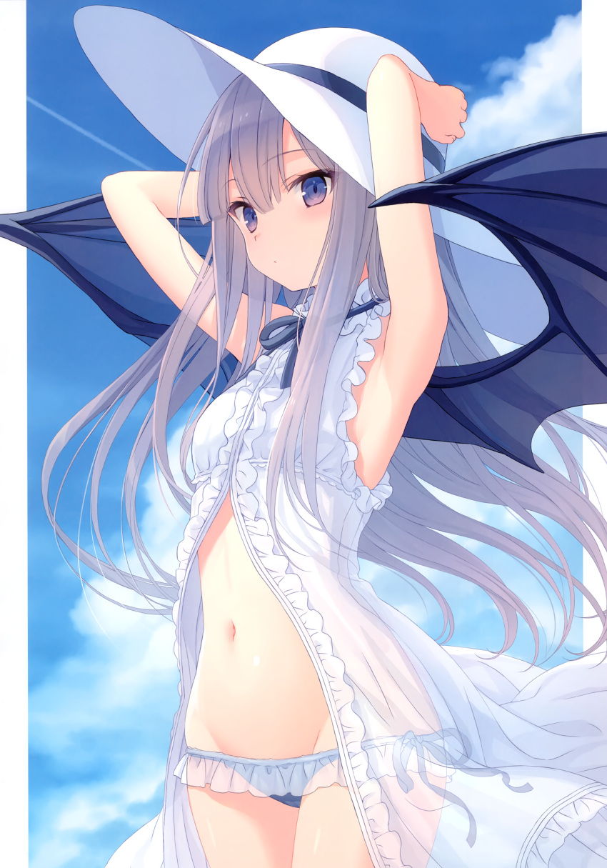 1girl absurdres armpits arms_up bare_arms bare_shoulders bikini black_ribbon blue_bikini blue_eyes blue_sky breasts center_opening closed_mouth clouds cowboy_shot demon_girl demon_wings dress frilled_bikini frilled_dress frills grey_hair groin hands_on_headwear hat highres long_hair looking_at_viewer navel original ribbon scan see-through side-tie_bikini sky sleeveless sleeveless_dress small_breasts solo standing stomach sun_hat swimsuit white_dress white_headwear wings yashiro_seika