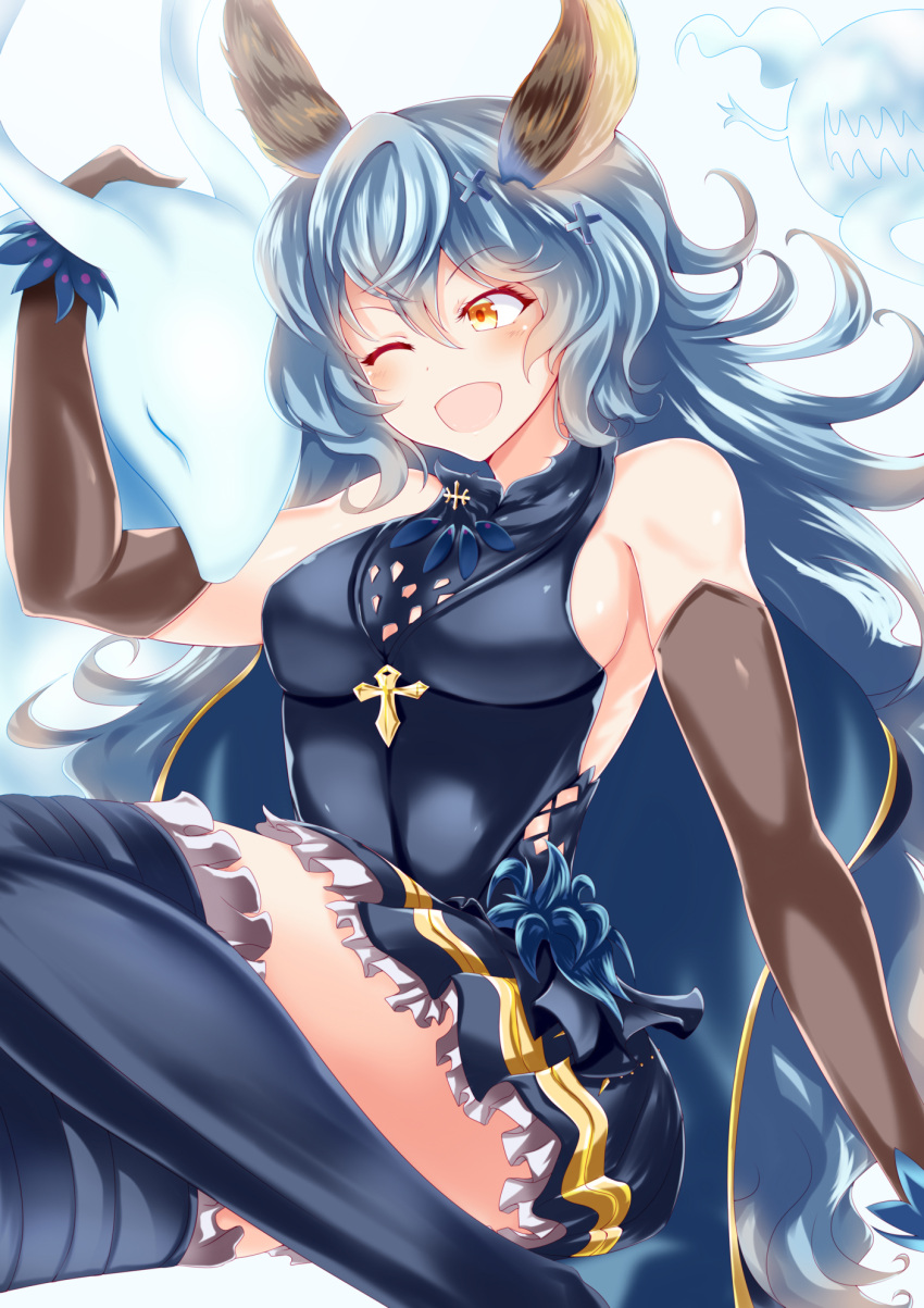 1girl ;d animal_ears ayasato_karen bare_shoulders blue_dress blue_footwear blue_hair blush boots breasts commentary_request curly_hair dress elbow_gloves erune ferry_(granblue_fantasy) ghost gloves granblue_fantasy hair_ornament highres long_hair medium_breasts one_eye_closed open_mouth petting sideless_outfit simple_background sleeveless sleeveless_dress smile thigh-highs thigh_boots very_long_hair white_background x_hair_ornament yellow_eyes