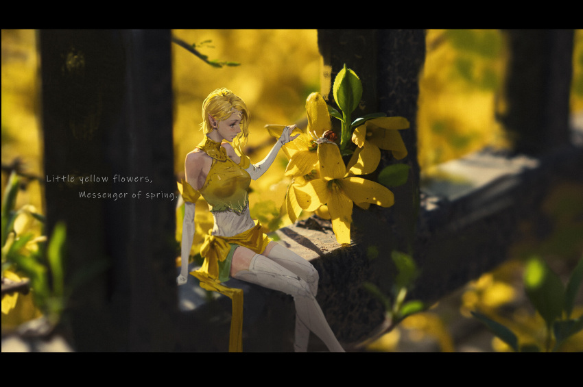 1girl blonde_hair blurry blurry_background breasts bridal_gauntlets circlet day earrings english_commentary english_text flower gloves grass highres jewelry minigirl original outdoors pointy_ears rui_li short_hair sitting sleeveless small_breasts solo thigh-highs white_gloves white_legwear yellow_flower