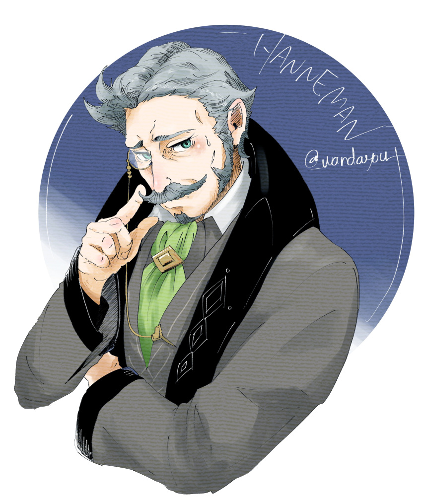 1boy absurdres artist_name beard blush character_name cravat facial_hair fire_emblem fire_emblem:_three_houses goatee green_eyes grey_hair hanneman_von_essar highres monocle mustache necktie scarf sideburns solo upper_body wandayu white_background