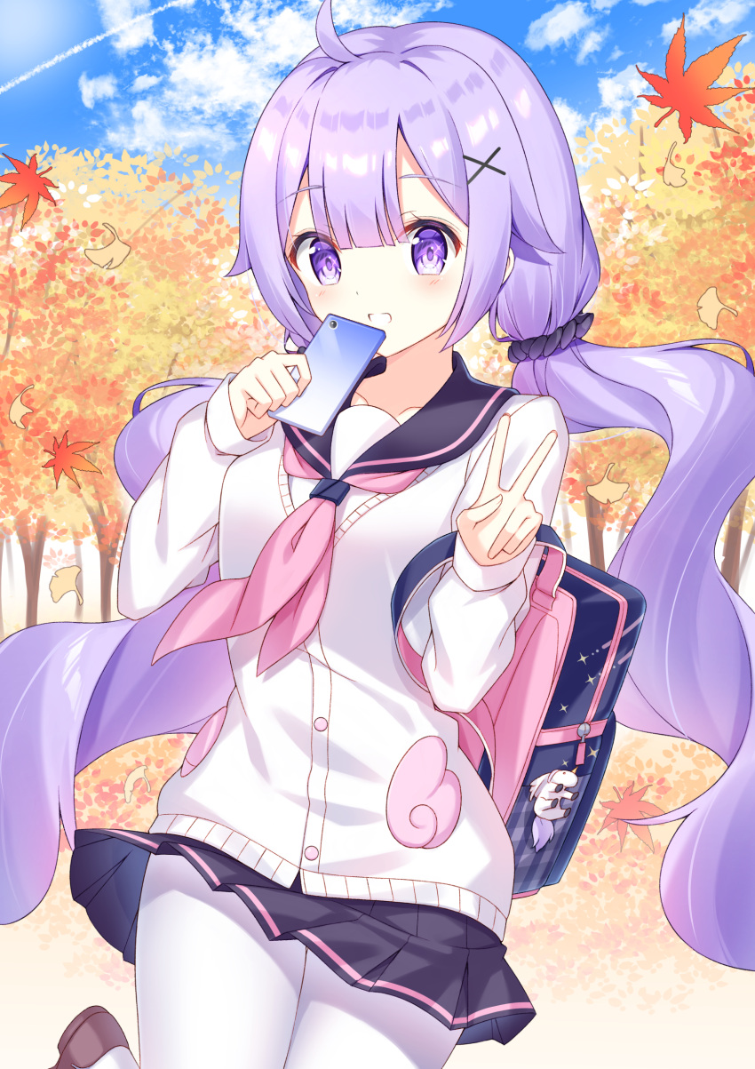 1girl :d absurdres autumn_leaves azur_lane backpack bag bag_charm bangs black_sailor_collar black_scrunchie black_skirt blue_sky blush cardigan cellphone charm_(object) clouds cloudy_sky collarbone commentary_request day eyebrows_visible_through_hair hair_between_eyes hair_ornament hair_scrunchie hands_up highres holding holding_cellphone holding_phone leaf long_hair long_sleeves looking_at_viewer low_twintails maple_leaf neckerchief open_mouth outdoors pantyhose phone pink_neckwear pleated_skirt purple_hair sailor_collar school_uniform scrunchie serafuku shirt skirt sky sleeves_past_wrists smile solo takeg05 twintails unicorn_(amusement_park_date)_(azur_lane) unicorn_(azur_lane) v very_long_hair violet_eyes white_cardigan white_legwear white_shirt x_hair_ornament