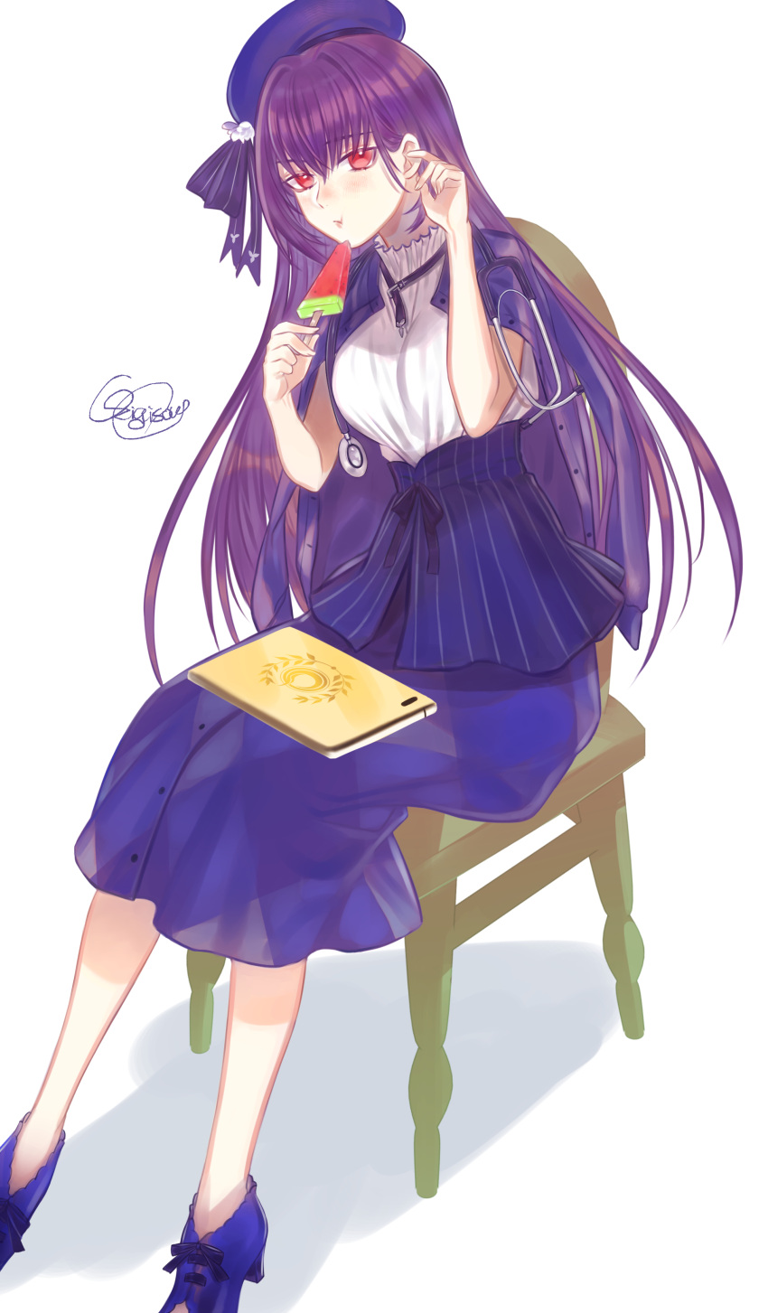 1girl absurdres arm_up beret blush breasts chair closed_mouth commentary_request eating fate/grand_order fate_(series) food fruit hat heroic_spirit_festival_outfit highres ice_cream jacket jacket_on_shoulders long_hair looking_at_viewer mimosa_sou popsicle purple_hair purple_headwear purple_jacket purple_skirt red_eyes scathach_(fate)_(all) scathach_skadi_(fate/grand_order) shirt sitting skirt solo stethoscope tablet_pc watermelon watermelon_bar