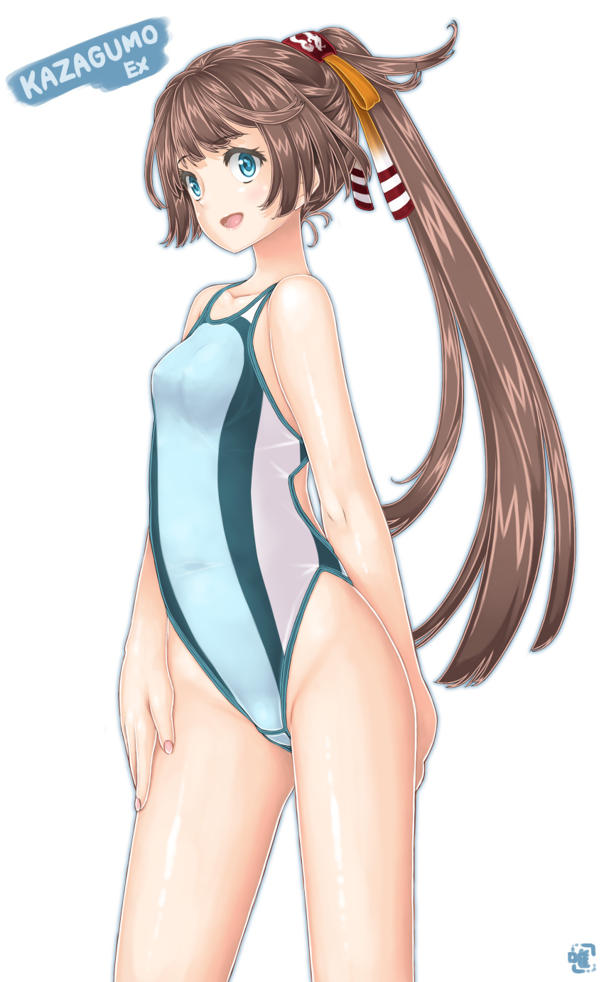 1girl absurdres brown_hair competition_swimsuit contrapposto cowboy_shot flat_chest green_eyes hair_ribbon highleg highleg_swimsuit highres kantai_collection kazagumo_(kantai_collection) long_hair looking_at_viewer notchi one-piece_swimsuit ponytail ribbon simple_background smile solo standing swimsuit white_background