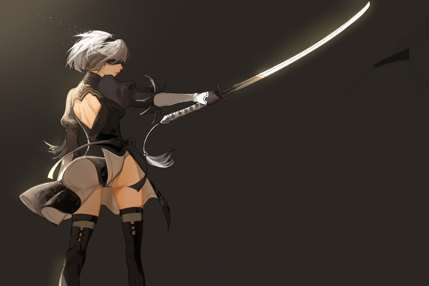 1girl ass back back_cutout black_blindfold black_dress black_gloves black_hairband blindfold boots covered_eyes dress feather-trimmed_sleeves from_behind gloves hairband holding holding_sword holding_weapon katana long_sleeves looking_to_the_side lynn--ll nier_(series) nier_automata outstretched_arm silver_hair solo sword thigh-highs thigh_boots thighhighs_under_boots vambraces virtuous_contract weapon wind wind_lift yorha_no._2_type_b