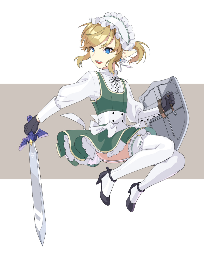 1boy bangs black_footwear black_gloves blonde_hair blue_eyes commentary_request crossdressinging dress earrings eyebrows_visible_through_hair full_body gloves green_dress grey_background highres holding holding_shield holding_sword holding_weapon jewelry link maid maid_dress maid_headdress master_sword meimone pointy_ears ribbon shield shoes simple_background solo sword the_legend_of_zelda thigh-highs upper_teeth weapon white_background white_dress white_legwear