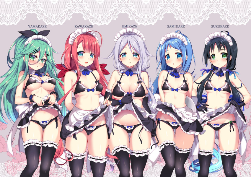 5girls alternate_costume apron arm_behind_back back_bow bangs bikini black_bikini black_gloves black_legwear blue_eyes blue_hair blush bow bow_bikini braid breasts collar commentary_request elbow_gloves enmaided eyebrows_visible_through_hair gloves green_eyes green_hair hair_between_eyes hair_bow hair_flaps hair_ribbon hand_on_hip highres kantai_collection kawakaze_(kantai_collection) long_hair looking_at_viewer maid maid_apron maid_headdress medium_breasts multiple_girls navel open_mouth parted_bangs redhead ribbon ringo_sui samidare_(kantai_collection) scrunchie side-tie_bikini silver_hair single_braid skirt skirt_lift small_breasts smile suzukaze_(kantai_collection) swept_bangs swimsuit thigh-highs twintails umikaze_(kantai_collection) very_long_hair yamakaze_(kantai_collection)