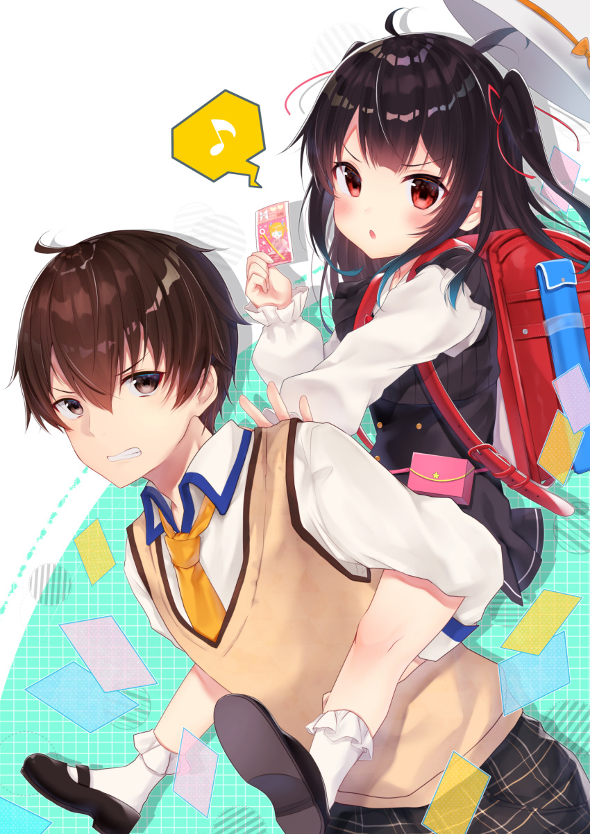1boy 1girl ahoge backpack bag black_dress black_footwear black_hair black_pants blush bobby_socks brown_eyes brown_hair carrying character_request collared_shirt cover cover_page dress eighth_note gyozanuko hair_between_eyes hair_ribbon hat hat_removed headwear_removed highres holding kirapuri_ojisan_to_youjo-senpai long_hair long_sleeves musical_note novel_cover pants parted_lips piggyback puffy_long_sleeves puffy_sleeves randoseru red_eyes red_ribbon ribbon shirt shoe_soles shoes sleeveless sleeveless_dress sleeves_past_wrists socks spoken_musical_note sweater_vest two_side_up v-shaped_eyebrows white_headwear white_legwear white_shirt