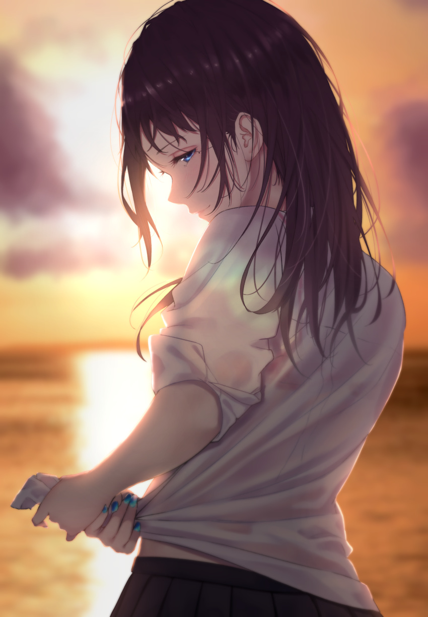 1girl absurdres backlighting blue_eyes blue_nails blurry blurry_background brown_hair clouds commentary_request depth_of_field from_behind highres lens_flare long_hair looking_back mole mole_under_eye nail_polish ocean original pleated_skirt saitou_(lynx-shrike) shirt skirt sleeves_rolled_up solo sunset upper_body wet wet_hair white_shirt wringing_clothes