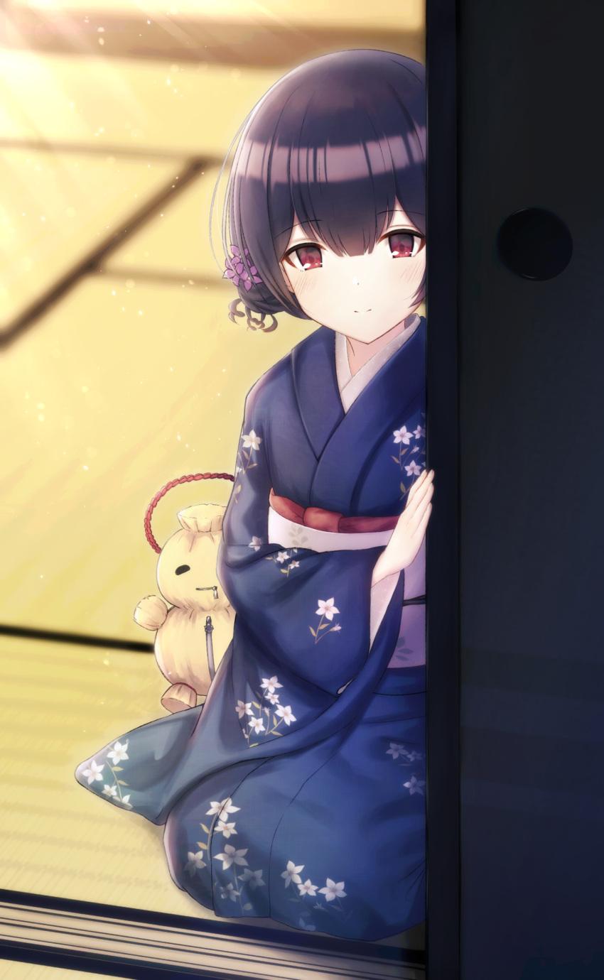 1girl absurdres bangs black_hair blue_kimono closed_mouth commentary cotrpopor day doll eyebrows_visible_through_hair floral_print flower fusuma hair_between_eyes hair_bun hair_flower hair_ornament highres idolmaster idolmaster_shiny_colors indoors japanese_clothes kimono light_rays light_smile long_sleeves looking_at_viewer morino_rinze obi print_kimono purple_flower red_eyes sash seiza shade shiny shiny_hair short_hair sidelocks sitting sliding_doors solo straw_doll sunlight symbol_commentary tatami white_background wide_sleeves zipper zipper_pull_tab