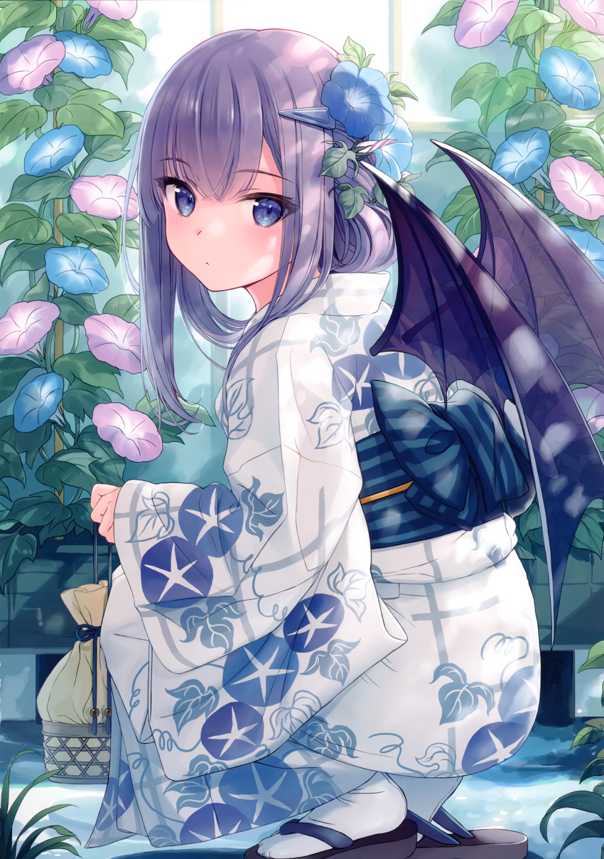 1girl absurdres basket blue_eyes blue_flower closed_mouth demon_girl demon_wings expressionless floral_print flower from_side hair_flower hair_ornament hairclip highres holding japanese_clothes kimono lavender_hair long_hair long_sleeves looking_at_viewer looking_to_the_side obi original pink_flower plant print_kimono sash scan slippers socks solo squatting white_kimono white_legwear wide_sleeves wings yashiro_seika yukata
