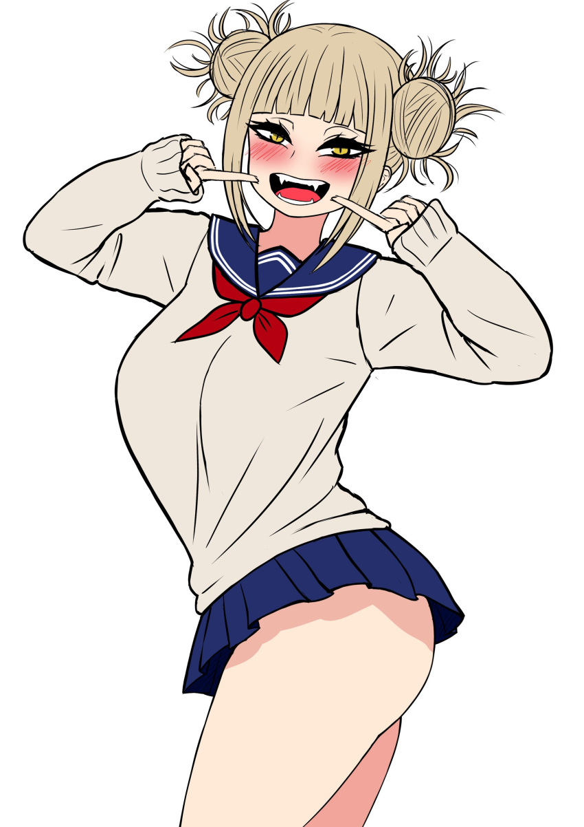 1girl absurdres ass bangs blonde_hair boku_no_hero_academia breasts double_bun highres large_breasts long_sleeves looking_at_viewer messy_hair miniskirt open_mouth school_uniform sharp_teeth skirt teeth the_only_shoe toga_himiko yellow_eyes