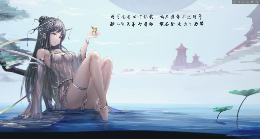 1girl anklet bare_shoulders barefoot black_hair bracelet building chinese choker commentary_request detached_sleeves dress facial_mark forehead_mark hair_bun hair_ornament highres jewelry long_hair original outdoors see-through sitting solo thigh_strap translation_request violet_eyes wangchuan_de_quanyan water