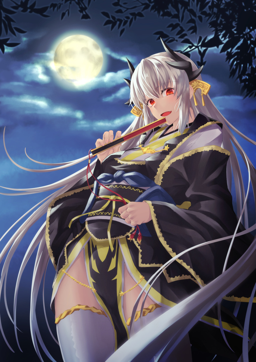 1girl absurdres black_kimono dragon_girl dragon_horns eyebrows_visible_through_hair fan fang fate/grand_order fate_(series) folding_fan full_moon grey_hair highres holding holding_fan horns japanese_clothes kimono kiyohime_(fate/grand_order) kuromu long_hair moon night night_sky obi open_mouth outdoors pelvic_curtain red_eyes sash sky solo thigh-highs white_legwear