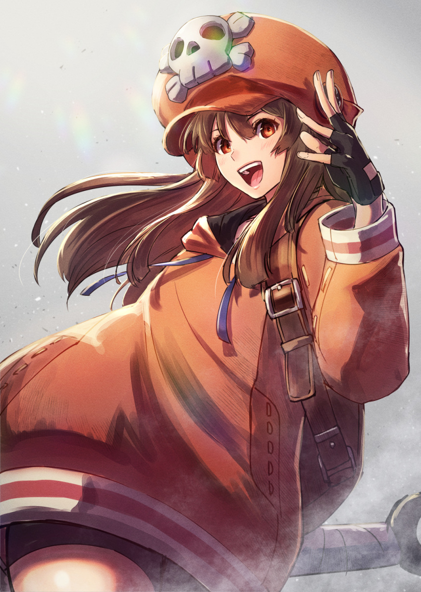 1girl anchor backpack bag bangs blunt_bangs brown_eyes brown_hair commentary_request fingerless_gloves gloves guilty_gear guilty_gear_2020 hat highres hood hoodie kuroi_susumu long_hair may_(guilty_gear) open_mouth orange_headwear orange_hoodie skull_and_crossbones solo