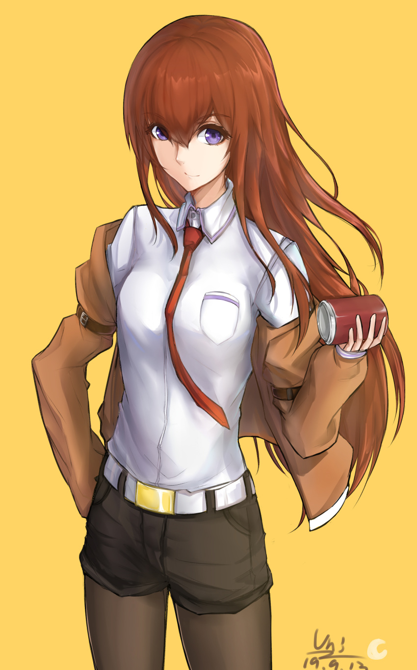 1girl absurdres belt black_shorts blue_eyes brown_hair can commentary_request dated eyebrows_visible_through_hair highres holding holding_can jacket long_hair makise_kurisu necktie orange_neckwear pantyhose red_neckwear shirt short_shorts shorts solo steins;gate unique_(pixiv12704744) violet_eyes white_belt white_shirt yellow_background