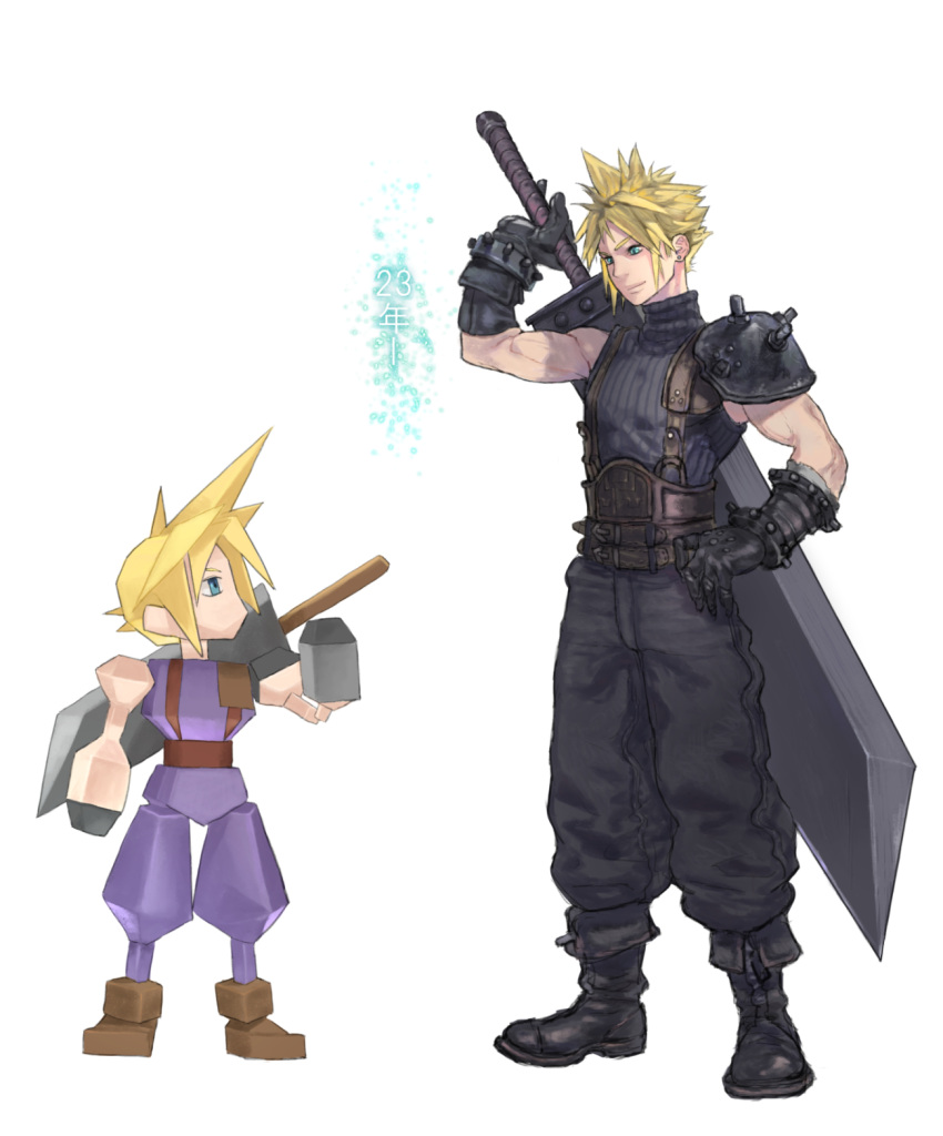 2boys black_gloves blonde_hair boots buster_sword cloud_strife dual_persona final_fantasy final_fantasy_vii final_fantasy_vii_remake full_body gloves hand_on_hip highres looking_at_another male_focus multiple_boys polygonal shoulder_armor simple_background sleeveless sleeveless_turtleneck smile sora-bakabon spiky_hair suspenders sword translated turtleneck weapon weapon_on_back white_background