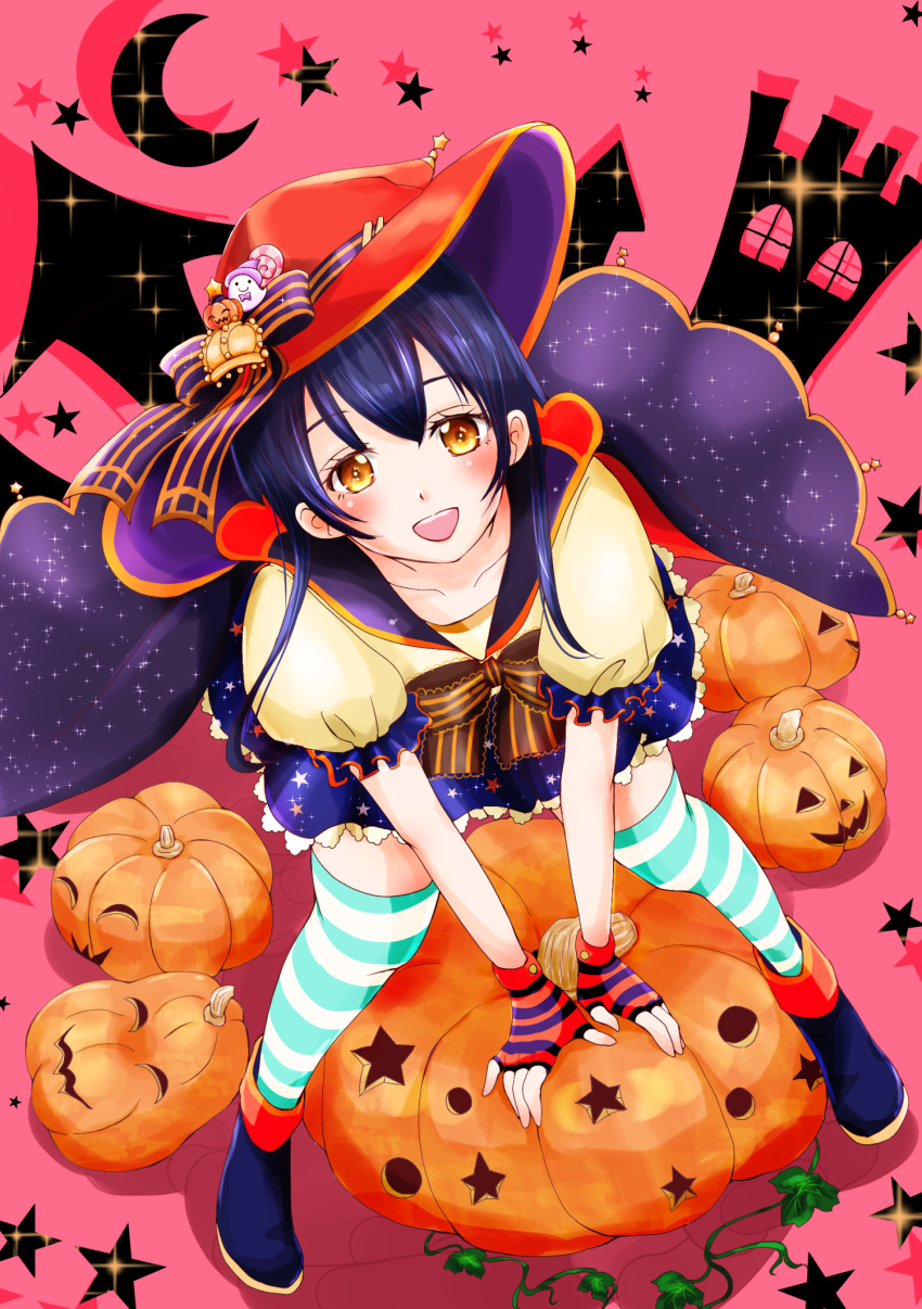 1girl arm_support bangs blue_hair blush commentary_request eyebrows_visible_through_hair fingerless_gloves full_body gloves hair_between_eyes halloween hat highres kobayashi_nyoromichi long_hair looking_at_viewer love_live! love_live!_school_idol_festival love_live!_school_idol_project open_mouth pumpkin skirt smile solo sonoda_umi striped striped_gloves striped_legwear thigh-highs witch_hat yellow_eyes