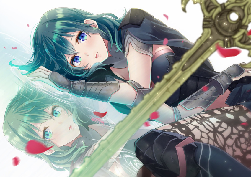 1girl blue_eyes blue_hair byleth_(fire_emblem) byleth_eisner_(female) fire_emblem fire_emblem:_three_houses highres kaboplus_ko lying medium_hair on_side pantyhose parted_lips petals reflection solo sword weapon