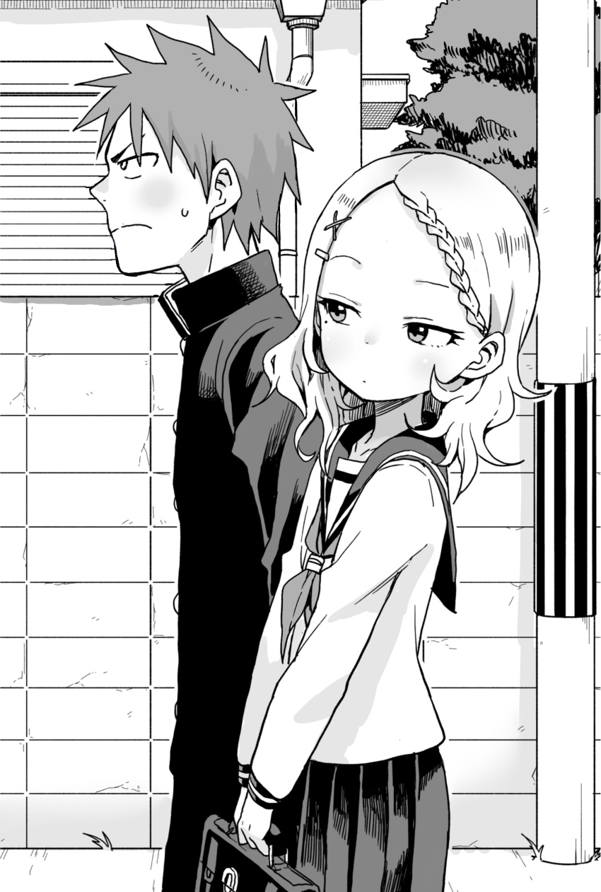 1boy 1girl absurdres bangs blush braid brick_wall closed_mouth day eyebrows_behind_hair forehead gakuran greyscale hair_ornament hairclip hamaguchi_(takagi-san) highres holding houjou_(takagi-san) jacket karakai_jouzu_no_takagi-san long_sleeves monochrome neckerchief official_art outdoors parted_bangs pleated_skirt pole profile sailor_collar school_briefcase school_uniform serafuku skirt sweat v-shaped_eyebrows v_arms x_hair_ornament yamamoto_souichirou