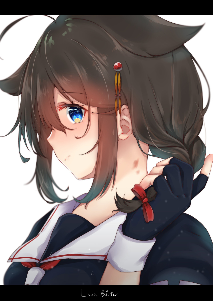 1girl absurdres ahoge blue_eyes blush braid brown_hair check_commentary commentary commentary_request fingerless_gloves gloves hair_flaps hair_ornament hickey highres kantai_collection kazama_gorou shigure_(kantai_collection) single_braid solo