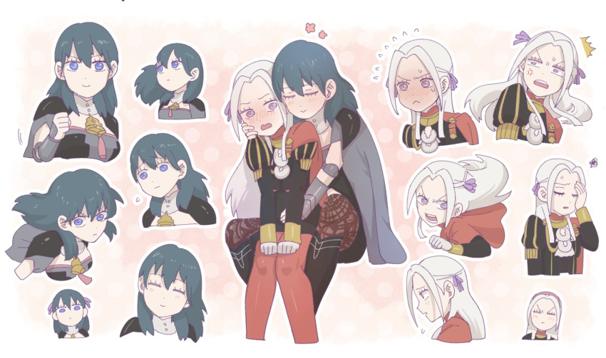 2girls armor blonde_hair blue_eyes blush byleth_(fire_emblem) byleth_eisner_(female) cape closed_eyes couple cravat edelgard_von_hresvelg epaulettes fire_emblem fire_emblem:_three_houses garreg_mach_monastery_uniform gloves hair_ornament highres hug korokorokoroko long_hair looking_at_viewer multiple_girls open_mouth simple_background smile uniform yuri